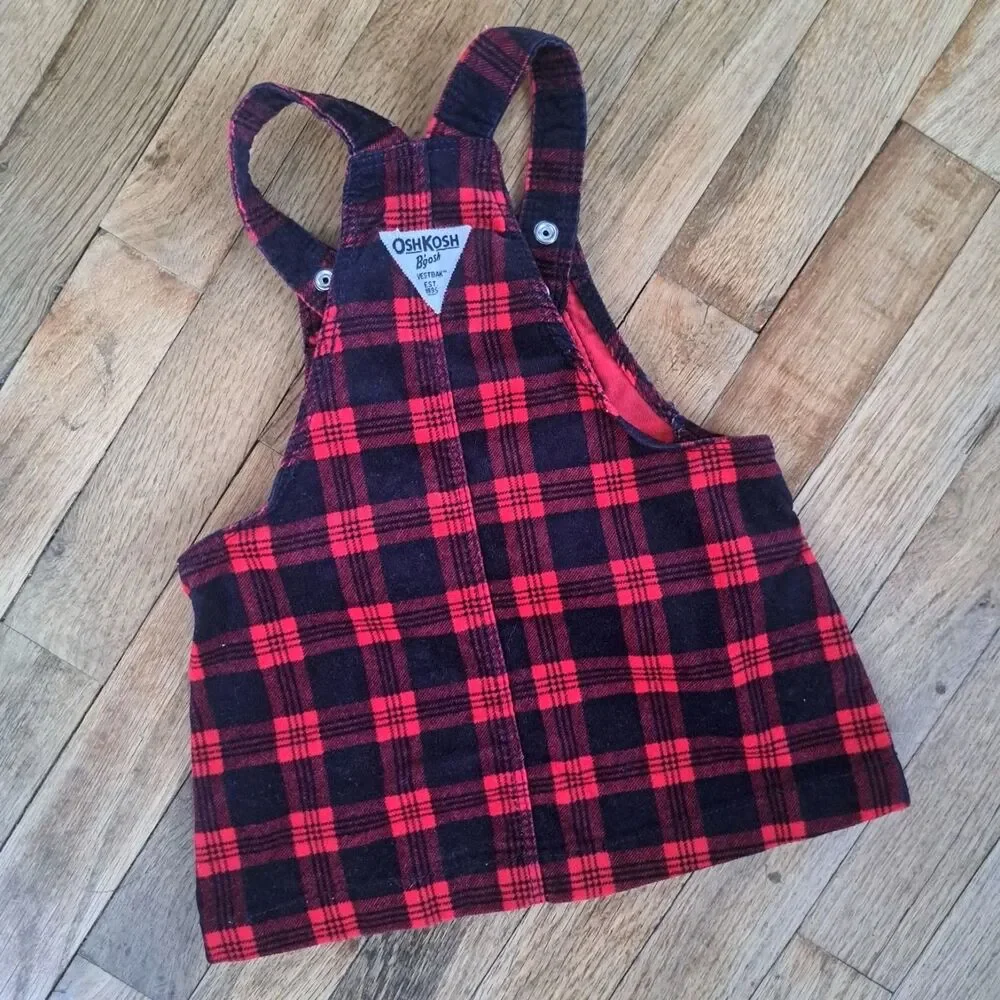 Osh Kosh Baby Girl’s Red Black Plaid Checkered Overall Jumper Dress 12month